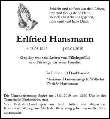 Traueranzeige von Erlfried Hansmann von vrm-trauer