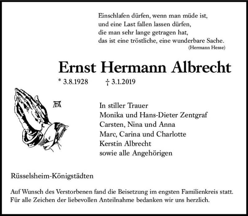  Traueranzeige für Ernst Herrmann Albrecht vom 26.01.2019 aus vrm-trauer