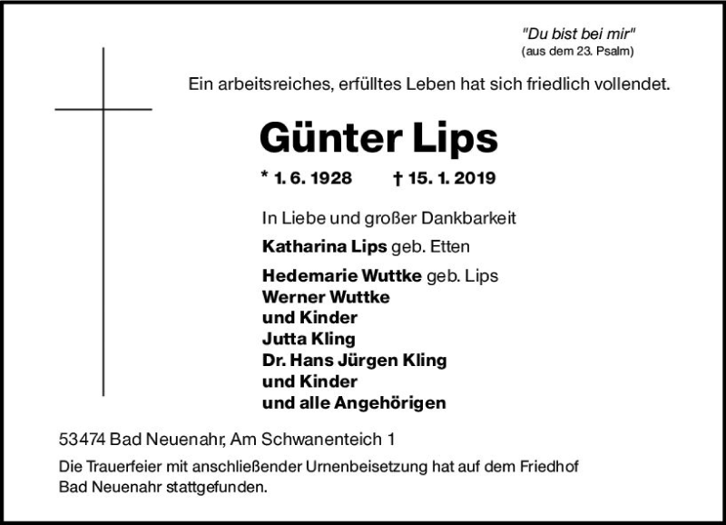  Traueranzeige für Günter Lips vom 30.01.2019 aus vrm-trauer