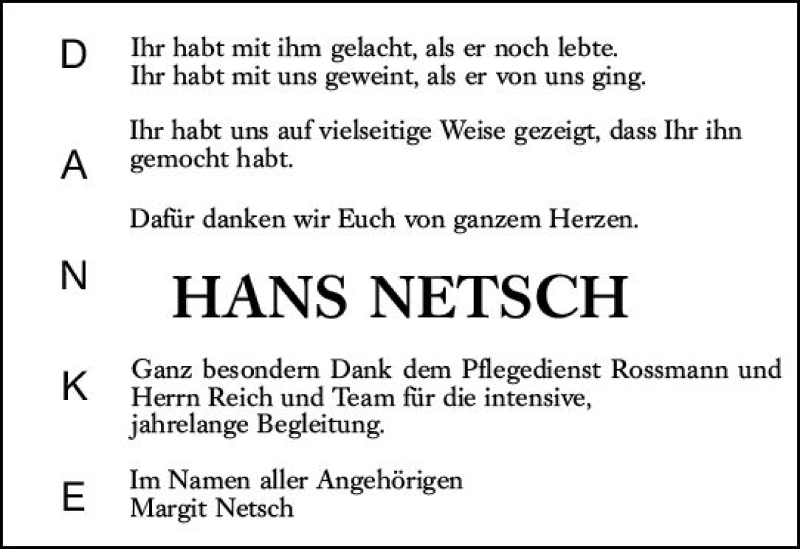  Traueranzeige für Hans Netsch vom 12.01.2019 aus vrm-trauer