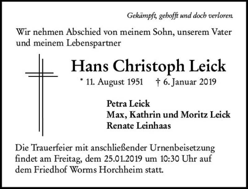  Traueranzeige für Hans Christoph Leick vom 19.01.2019 aus vrm-trauer