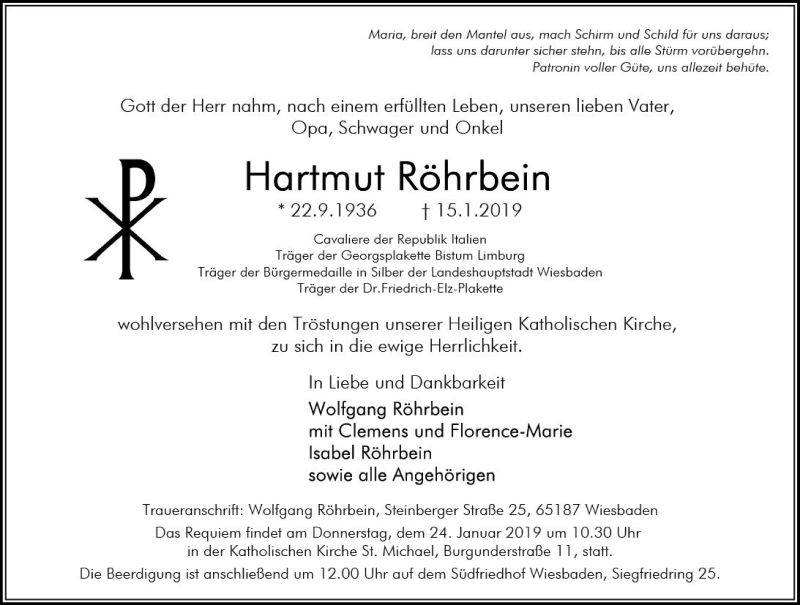  Traueranzeige für Hartmut Röhrbein vom 22.01.2019 aus vrm-trauer