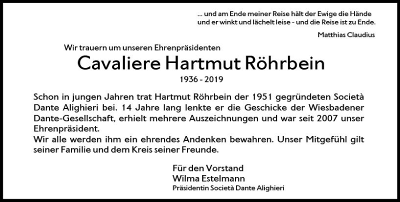  Traueranzeige für Hartmut Röhrbein vom 24.01.2019 aus vrm-trauer