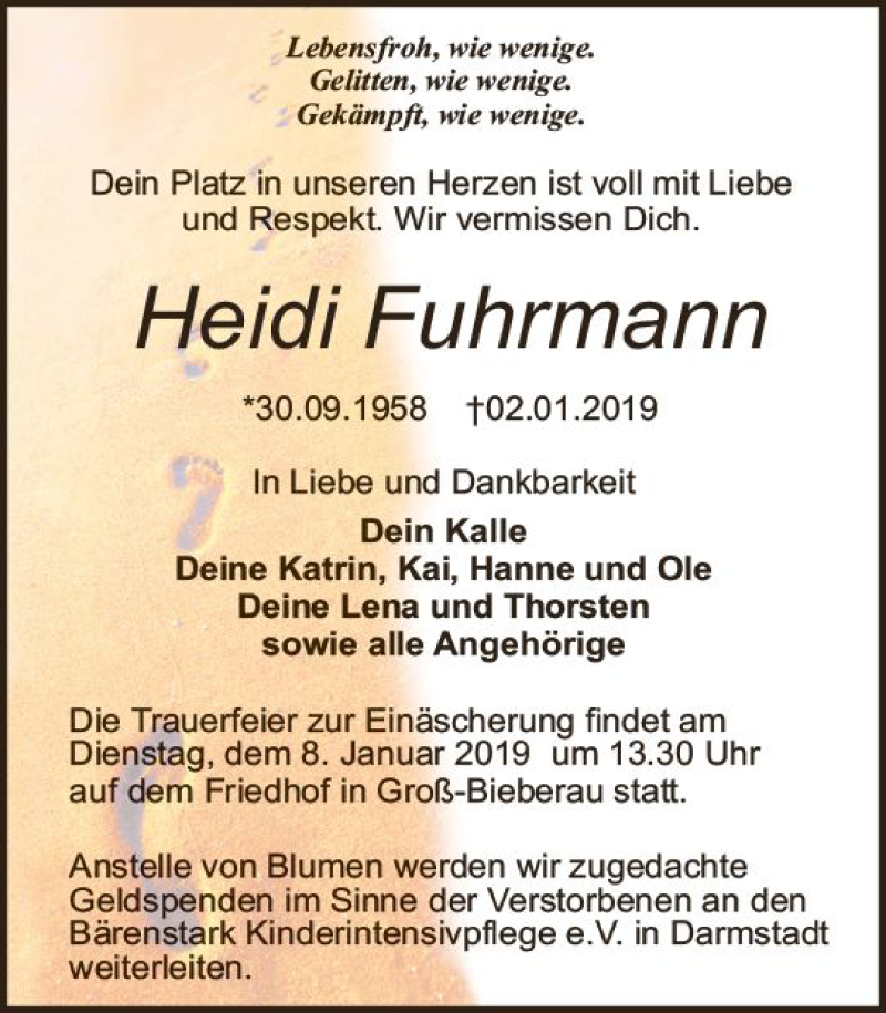  Traueranzeige für Heidi Fuhrmann vom 05.01.2019 aus vrm-trauer