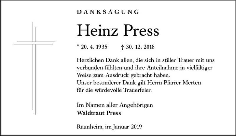  Traueranzeige für Heinz Press vom 25.01.2019 aus vrm-trauer