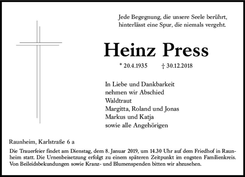  Traueranzeige für Heinz Press vom 04.01.2019 aus vrm-trauer