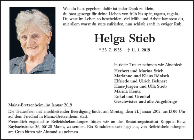  Traueranzeige für Helga Stieb vom 16.01.2019 aus vrm-trauer