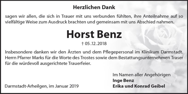  Traueranzeige für Horst Benz vom 09.01.2019 aus vrm-trauer