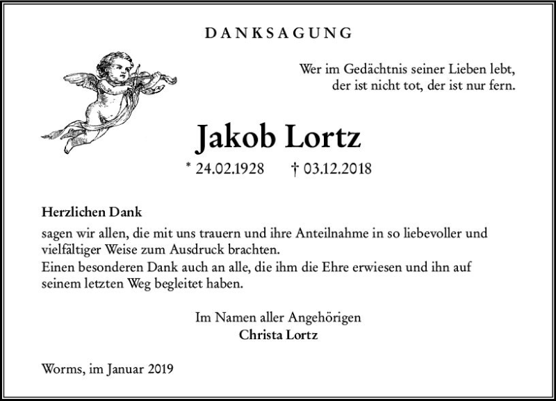  Traueranzeige für Jakob Lortz vom 12.01.2019 aus vrm-trauer