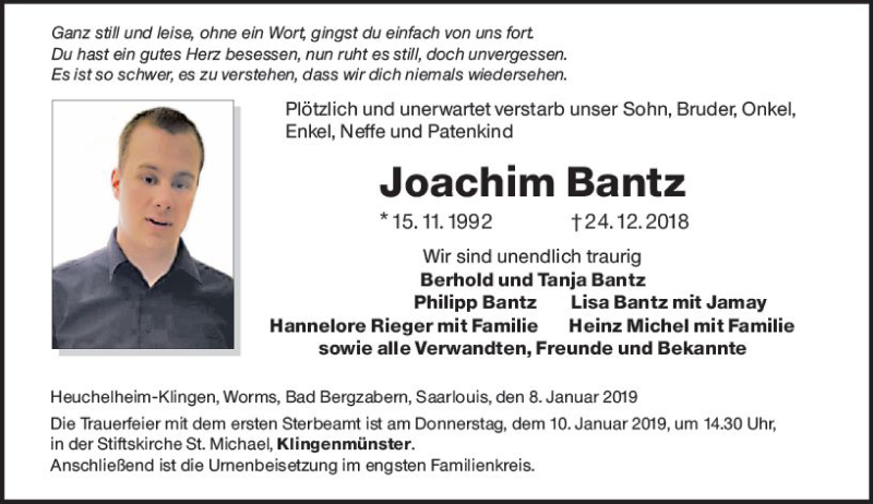  Traueranzeige für Joachim Bantz vom 08.01.2019 aus vrm-trauer