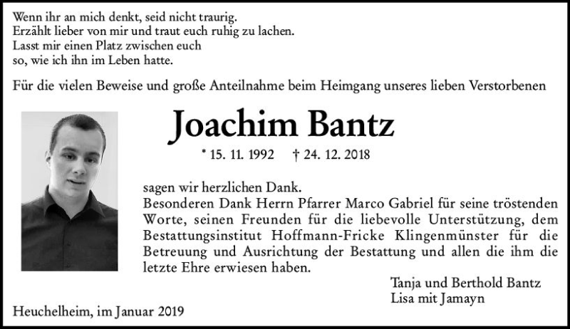  Traueranzeige für Joachim Bantz vom 19.01.2019 aus vrm-trauer