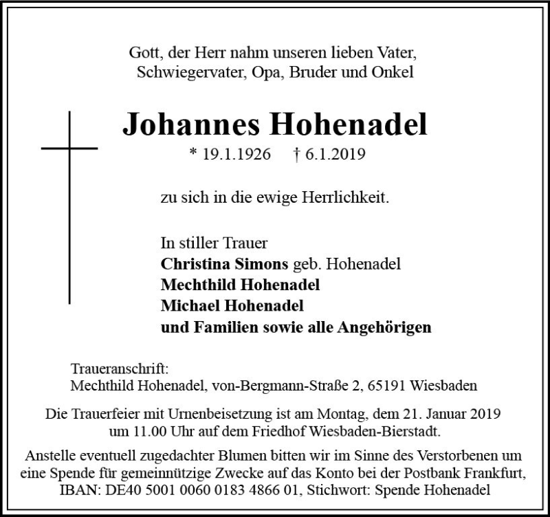  Traueranzeige für Johannes Hohenadel vom 12.01.2019 aus vrm-trauer