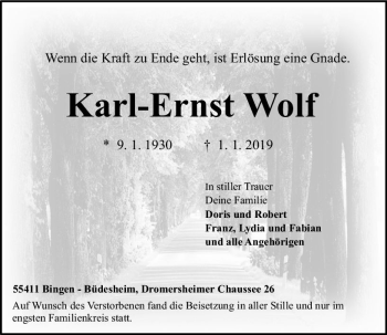 Traueranzeige von Karl-Ernst Wolf von vrm-trauer