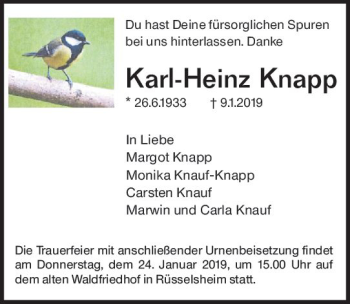 Traueranzeige von Karl-Heinz Knapp von vrm-trauer
