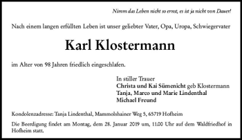 Traueranzeige von Karl Klostermann von vrm-trauer