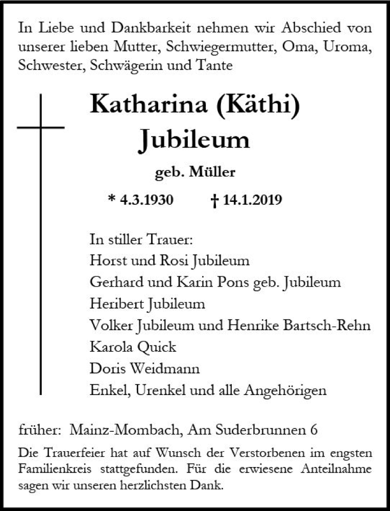  Traueranzeige für Katharina Jubileum vom 26.01.2019 aus vrm-trauer