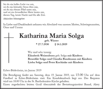 Traueranzeige von Katharina Maria Solga von vrm-trauer