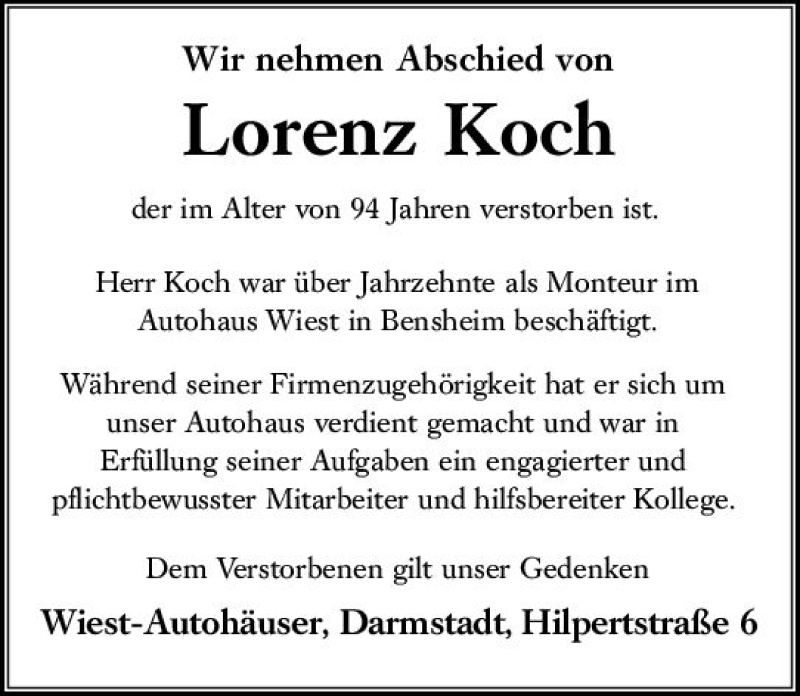 Traueranzeige für Lorenz Koch vom 30.01.2019 aus vrm-trauer