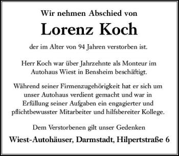 Traueranzeige von Lorenz Koch von vrm-trauer