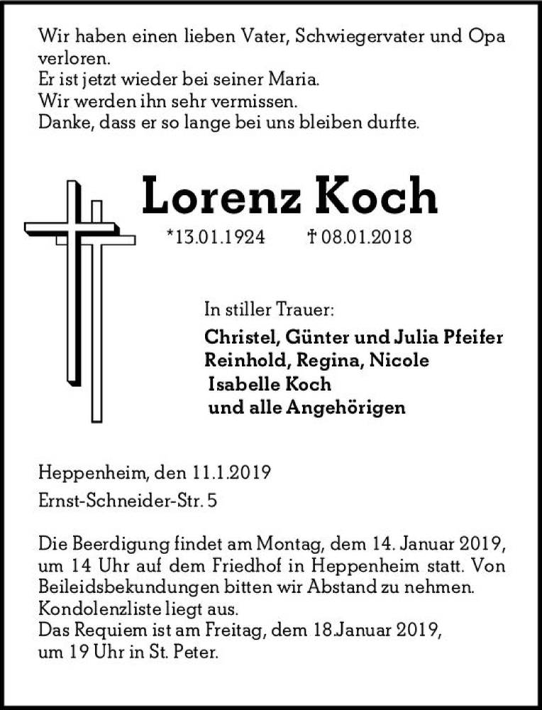  Traueranzeige für Lorenz Koch vom 11.01.2019 aus vrm-trauer