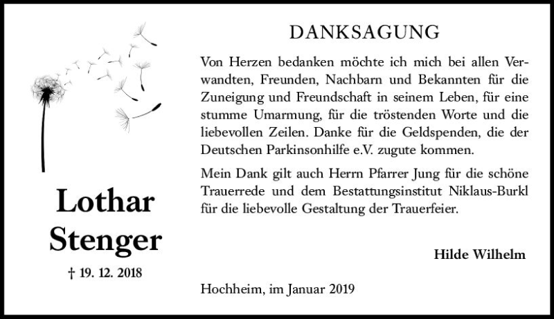  Traueranzeige für Lothar Stenger vom 19.01.2019 aus vrm-trauer