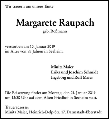 Traueranzeige von Margarete Raupach von vrm-trauer