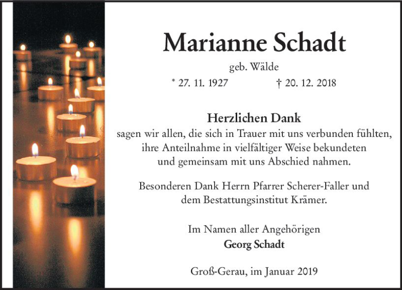  Traueranzeige für Marianne Schadt vom 26.01.2019 aus vrm-trauer