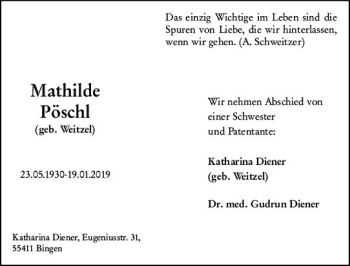 Traueranzeige von Mathilde Pöschl von vrm-trauer