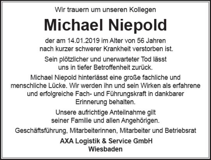  Traueranzeige für Michael Niepold vom 19.01.2019 aus vrm-trauer