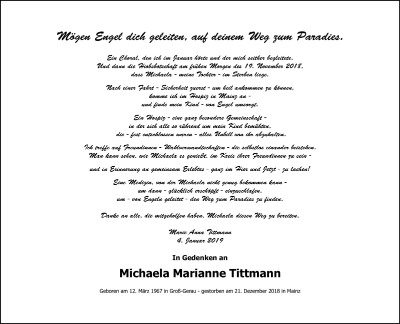  Traueranzeige für Michaela Marianne Tittmann vom 12.01.2019 aus vrm-trauer