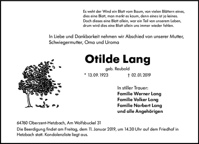  Traueranzeige für Otilde Lang vom 09.01.2019 aus vrm-trauer