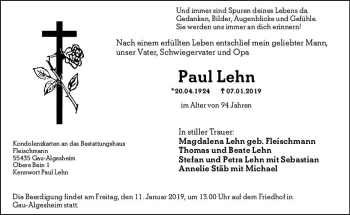 Traueranzeige von Paul Lehn von vrm-trauer