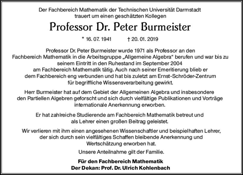  Traueranzeige für Peter Burmeister vom 26.01.2019 aus vrm-trauer