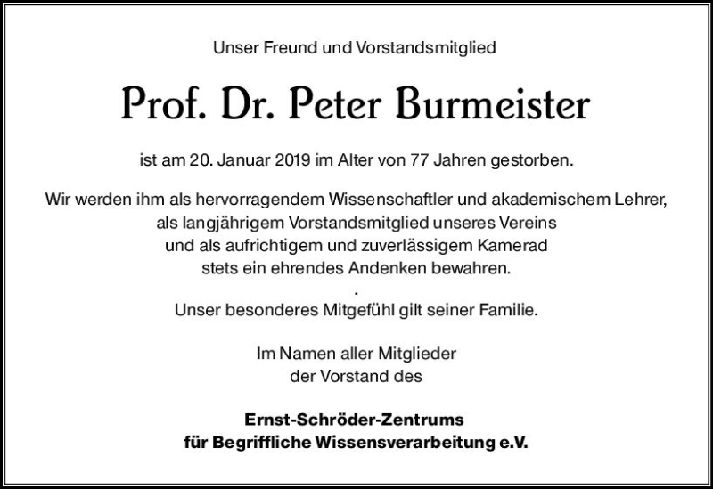  Traueranzeige für Peter Burmeister vom 26.01.2019 aus vrm-trauer