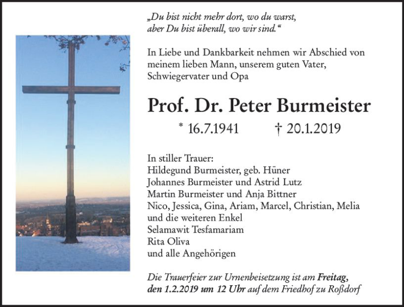  Traueranzeige für Peter Burmeister vom 26.01.2019 aus vrm-trauer