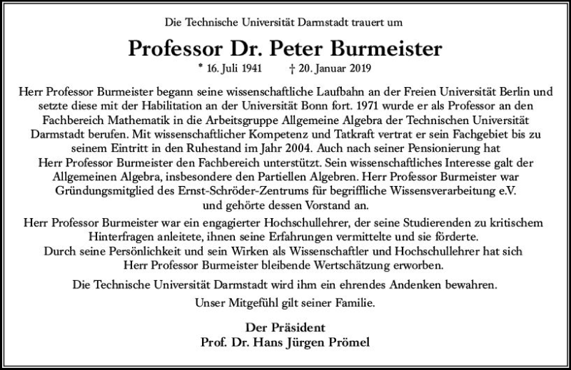  Traueranzeige für Peter Burmeister vom 26.01.2019 aus vrm-trauer