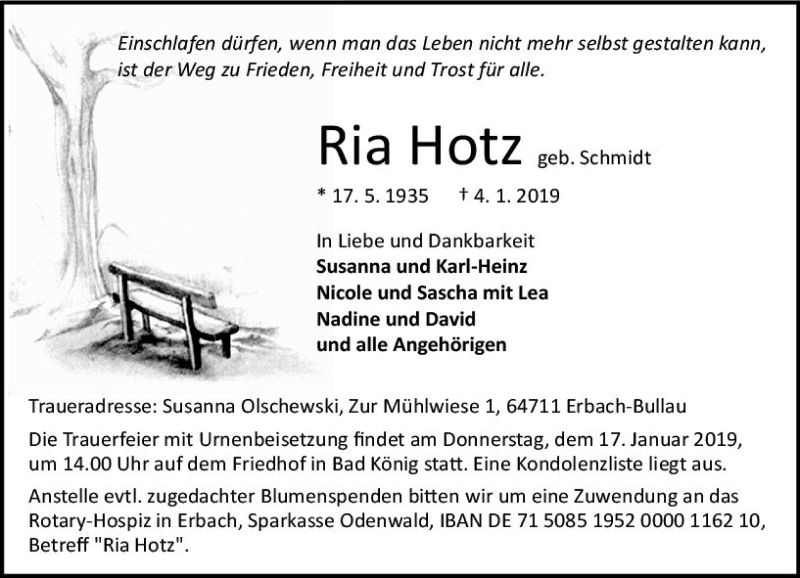  Traueranzeige für Ria Hotz vom 12.01.2019 aus vrm-trauer