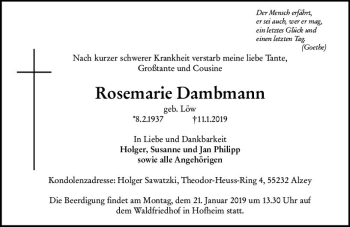 Traueranzeige von Rosemarie Dambmann von vrm-trauer