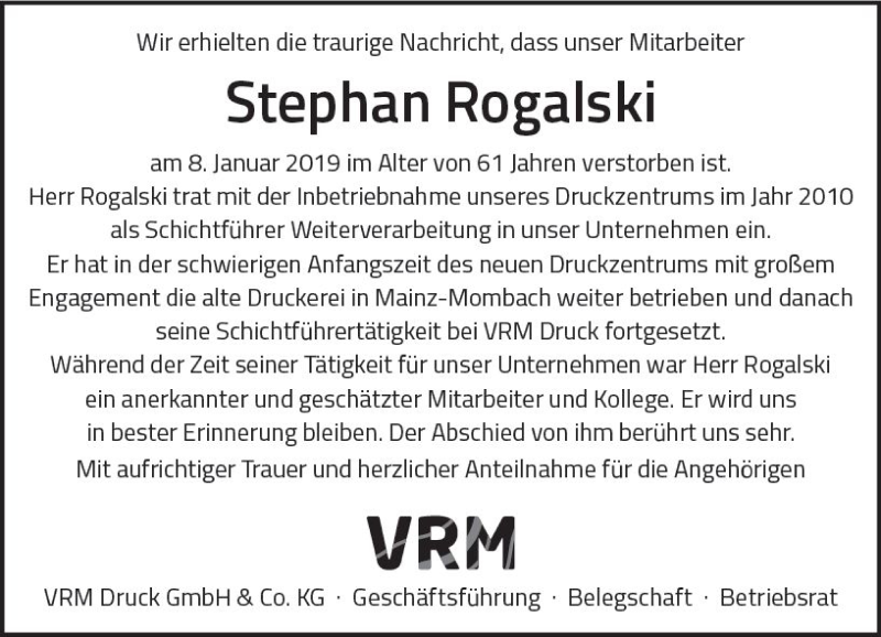  Traueranzeige für Stephan Rogalski vom 19.01.2019 aus vrm-trauer