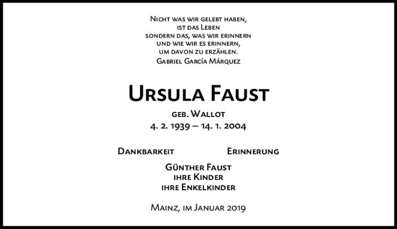  Traueranzeige für Ursula Faust vom 14.01.2019 aus vrm-trauer