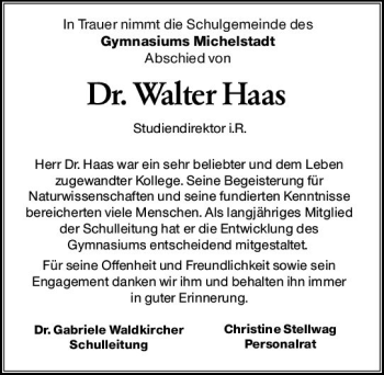 Traueranzeige von Walter Haas von vrm-trauer