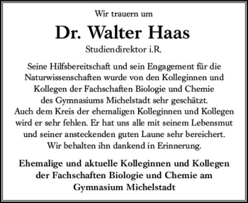 Traueranzeige von Walter Haas von vrm-trauer