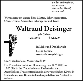 Traueranzeige von Waltraud Deisinger von vrm-trauer