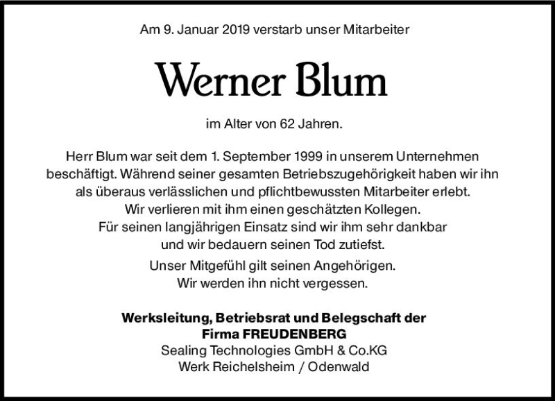  Traueranzeige für Werner Blum vom 15.01.2019 aus vrm-trauer