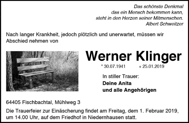  Traueranzeige für Werner Klinger vom 30.01.2019 aus vrm-trauer