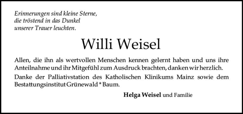  Traueranzeige für Willi Weisel vom 12.01.2019 aus vrm-trauer