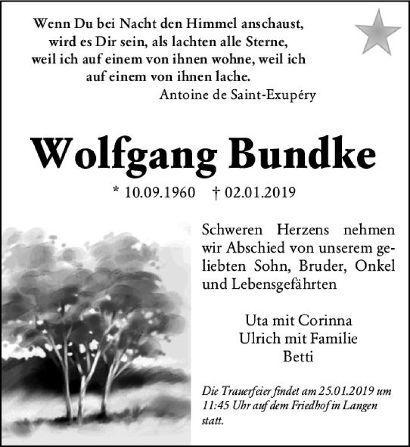  Traueranzeige für Wolfgang Bundke vom 12.01.2019 aus vrm-trauer