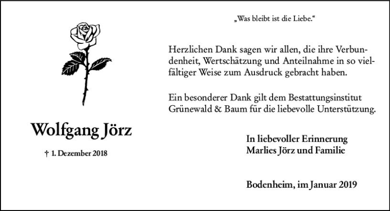  Traueranzeige für Wolfgang Jörz vom 19.01.2019 aus vrm-trauer