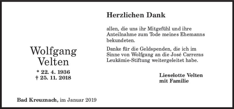  Traueranzeige für Wolfgang Velten vom 05.01.2019 aus vrm-trauer