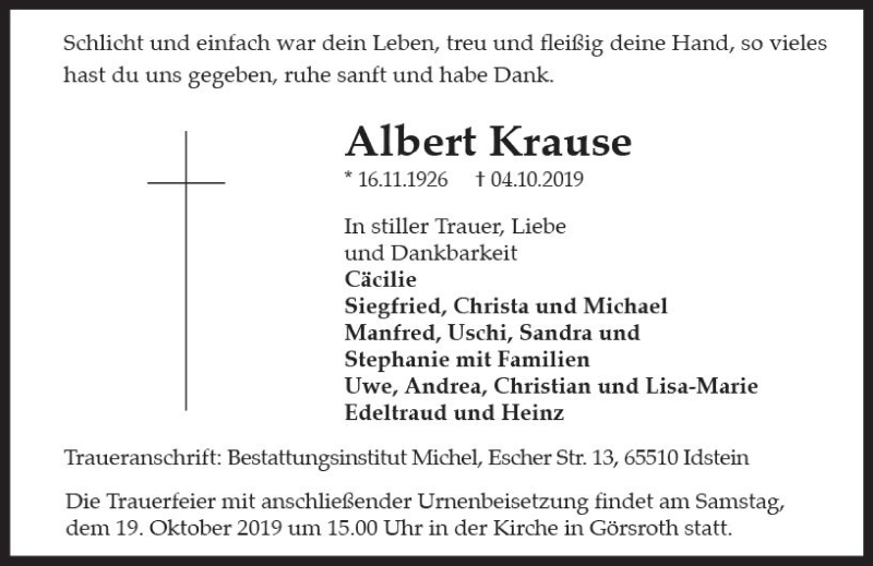  Traueranzeige für Albert Krause vom 12.10.2019 aus vrm-trauer
